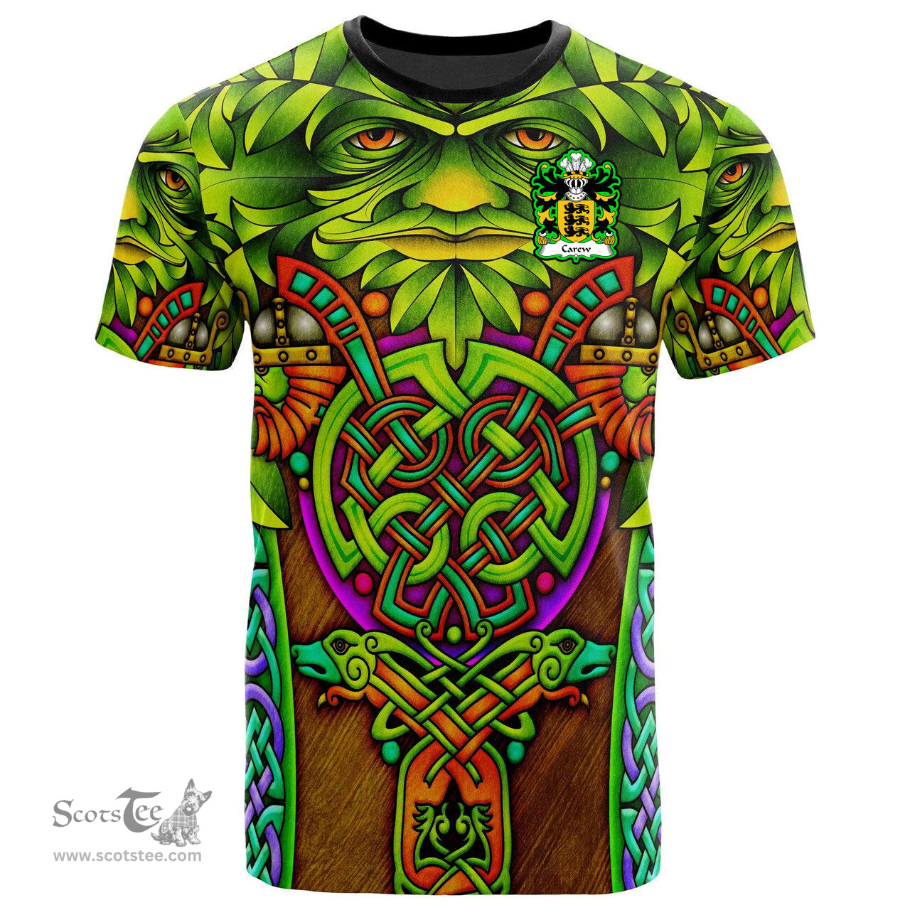 ScotsTee Shop Welsh Carew of Pembrokeshire Coat of Arms Family Crest Wales T Shirt Celtic Green Man T Shirt