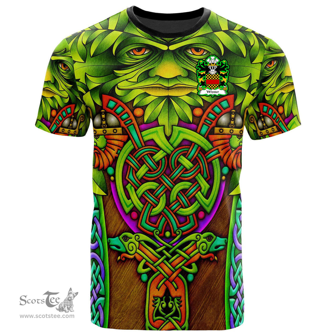 ScotsTee Shop Welsh Winter of Llan gain Carmenthenshire Coat of Arms Family Crest Wales T Shirt Celtic Green Man T Shirt