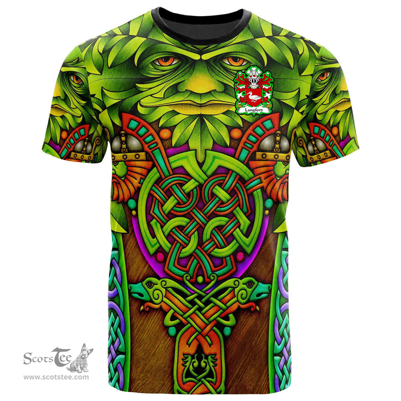 ScotsTee Shop Welsh Langford of Allington Gresford Denbighshire Coat of Arms Family Crest Wales T Shirt Celtic Green Man T Shirt
