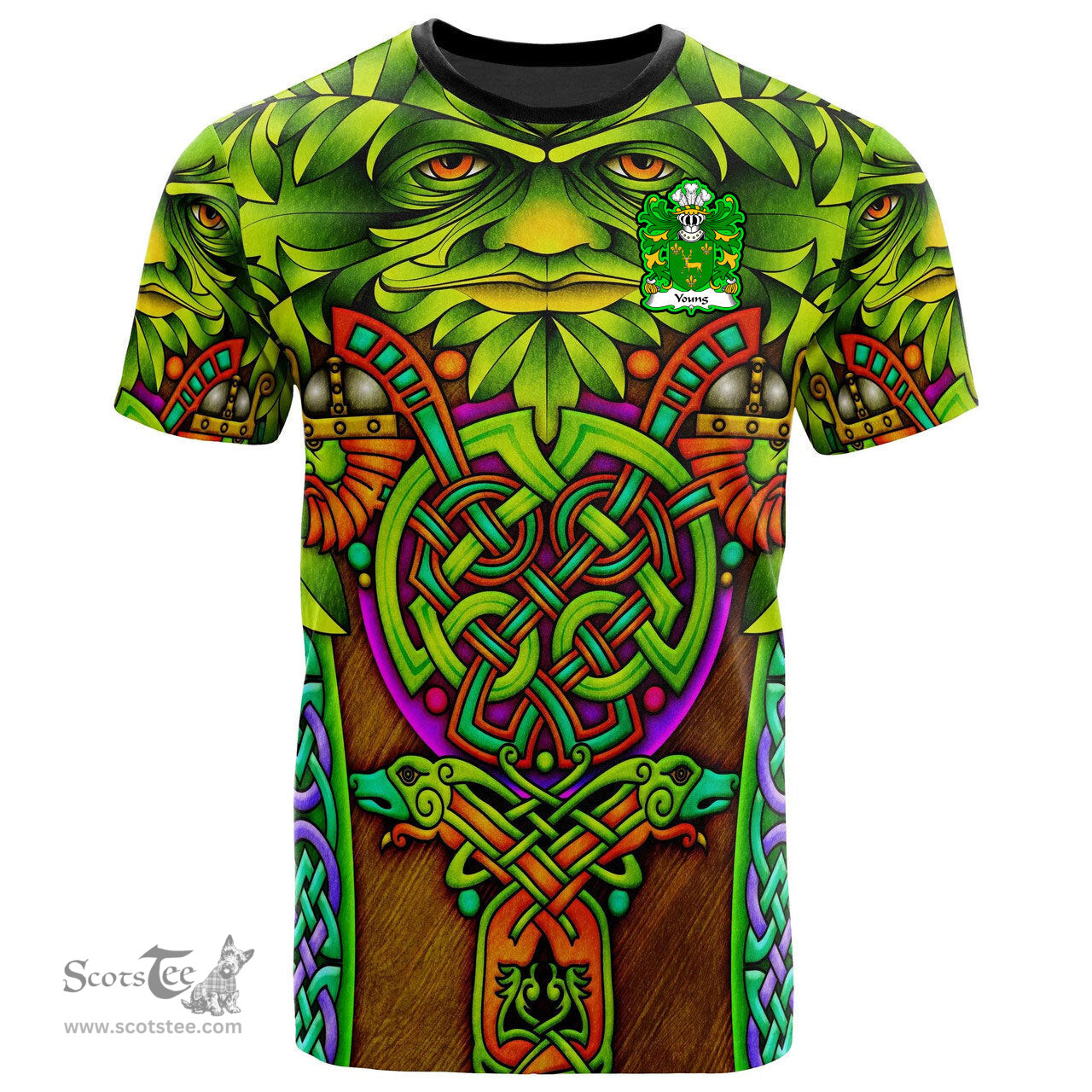 ScotsTee Shop Welsh Young of Tredrysi Pembrokeshire Coat of Arms Family Crest Wales T Shirt Celtic Green Man T Shirt