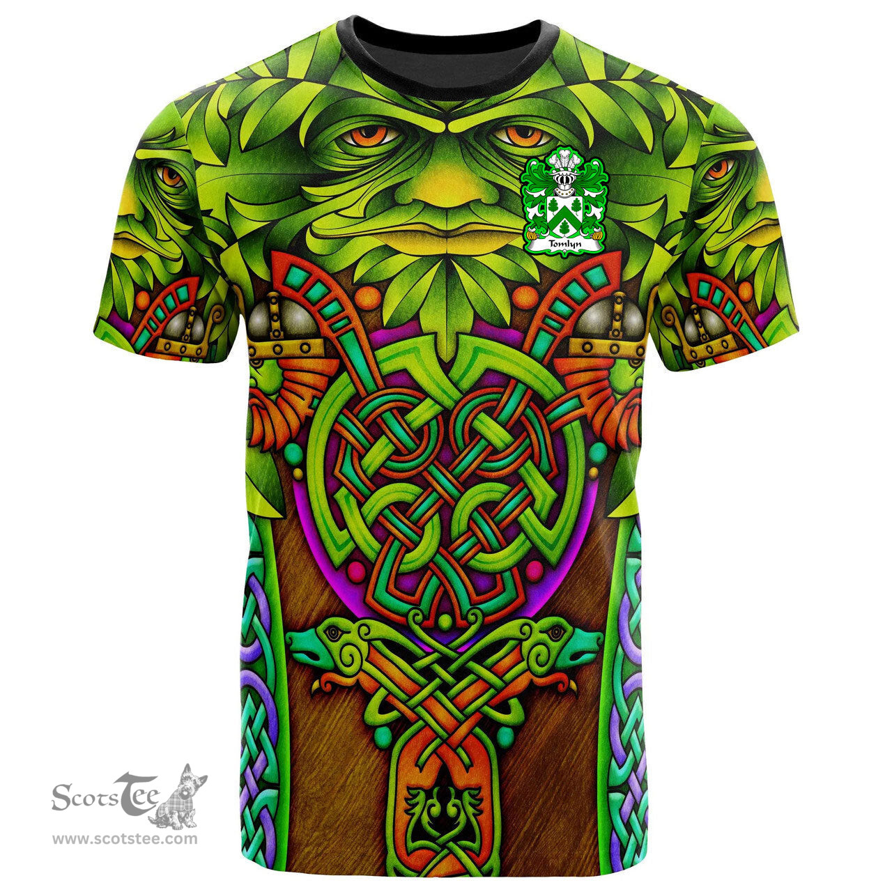 ScotsTee Shop Welsh Tomlyn lord of Llanllywel Montgomeryshire Coat of Arms Family Crest Wales T Shirt Celtic Green Man T Shirt