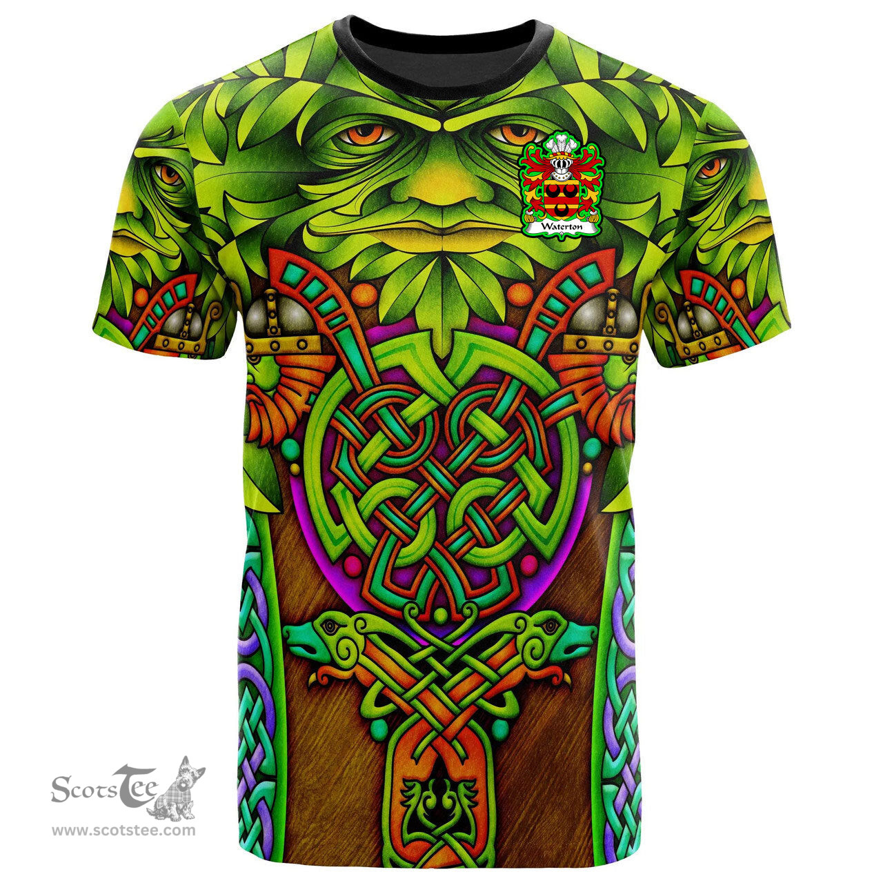 ScotsTee Shop Welsh Waterton of Herefordshire Coat of Arms Family Crest Wales T Shirt Celtic Green Man T Shirt