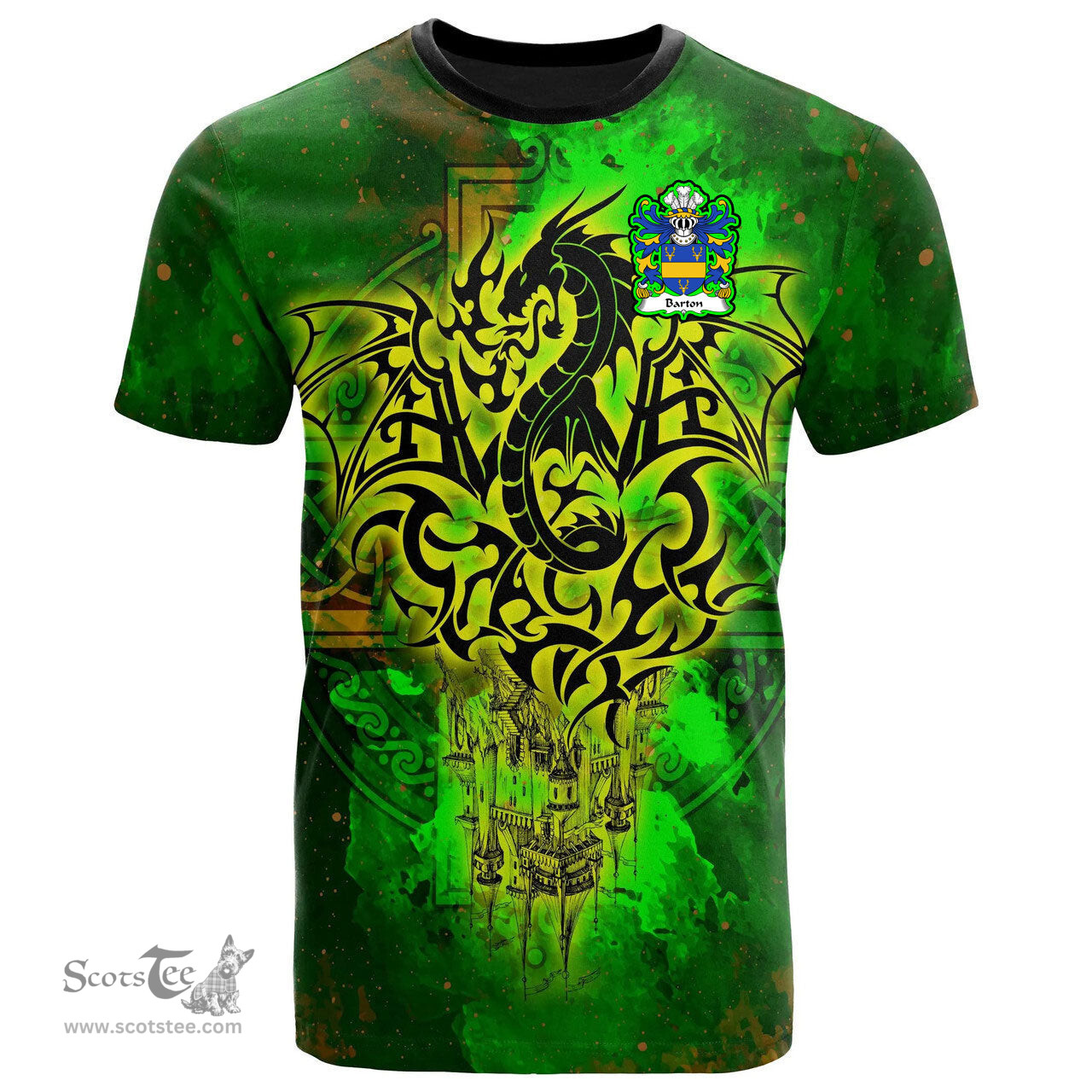 ScotsTee Shop Welsh Barton Coat of Arms Family Crest Wales T Shirt Celtic Dragon Castle Pattern T Shirt