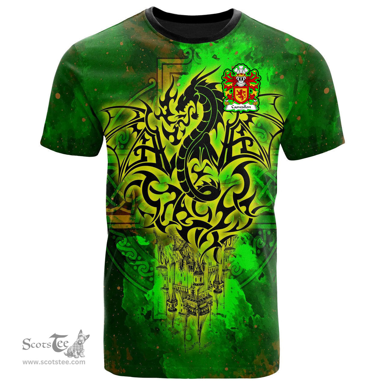 ScotsTee Shop Welsh Caswallon Coat of Arms Family Crest Wales T Shirt Celtic Dragon Castle Pattern T Shirt