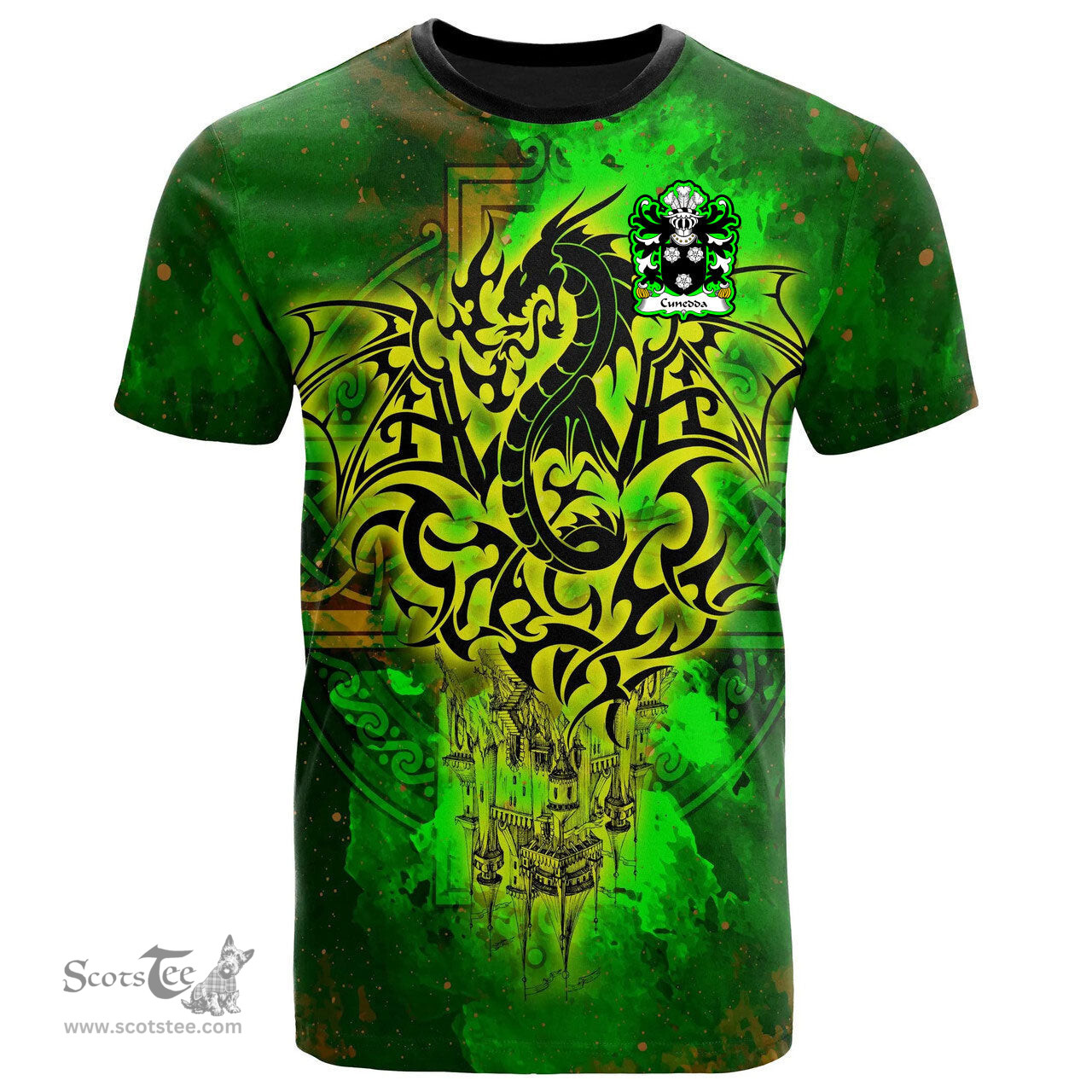 ScotsTee Shop Welsh Cunedda WLEDIG Coat of Arms Family Crest Wales T Shirt Celtic Dragon Castle Pattern T Shirt