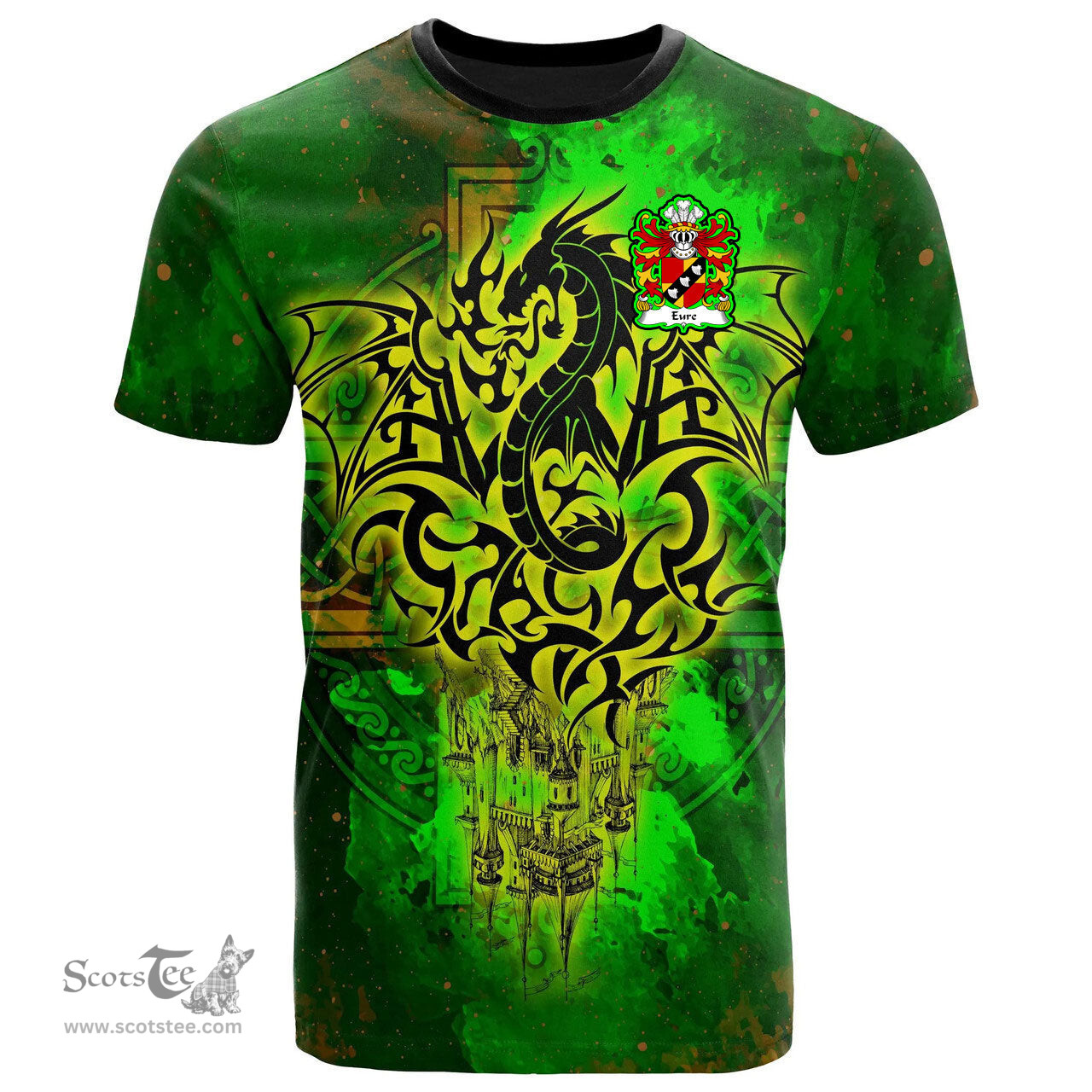 ScotsTee Shop Welsh Eure Commander of Slebech Pembrokeshire Coat of Arms Family Crest Wales T Shirt Celtic Dragon Castle Pattern T Shirt