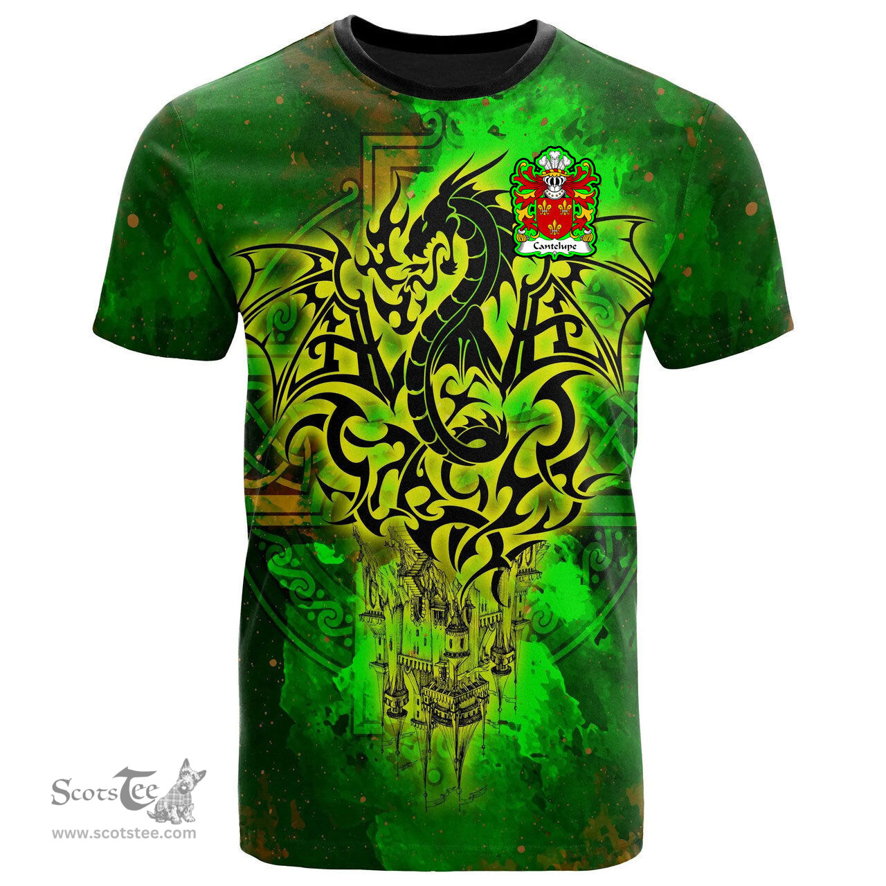 ScotsTee Shop Welsh Cantelupe Lord of Abergavenny Coat of Arms Family Crest Wales T Shirt Celtic Dragon Castle Pattern T Shirt