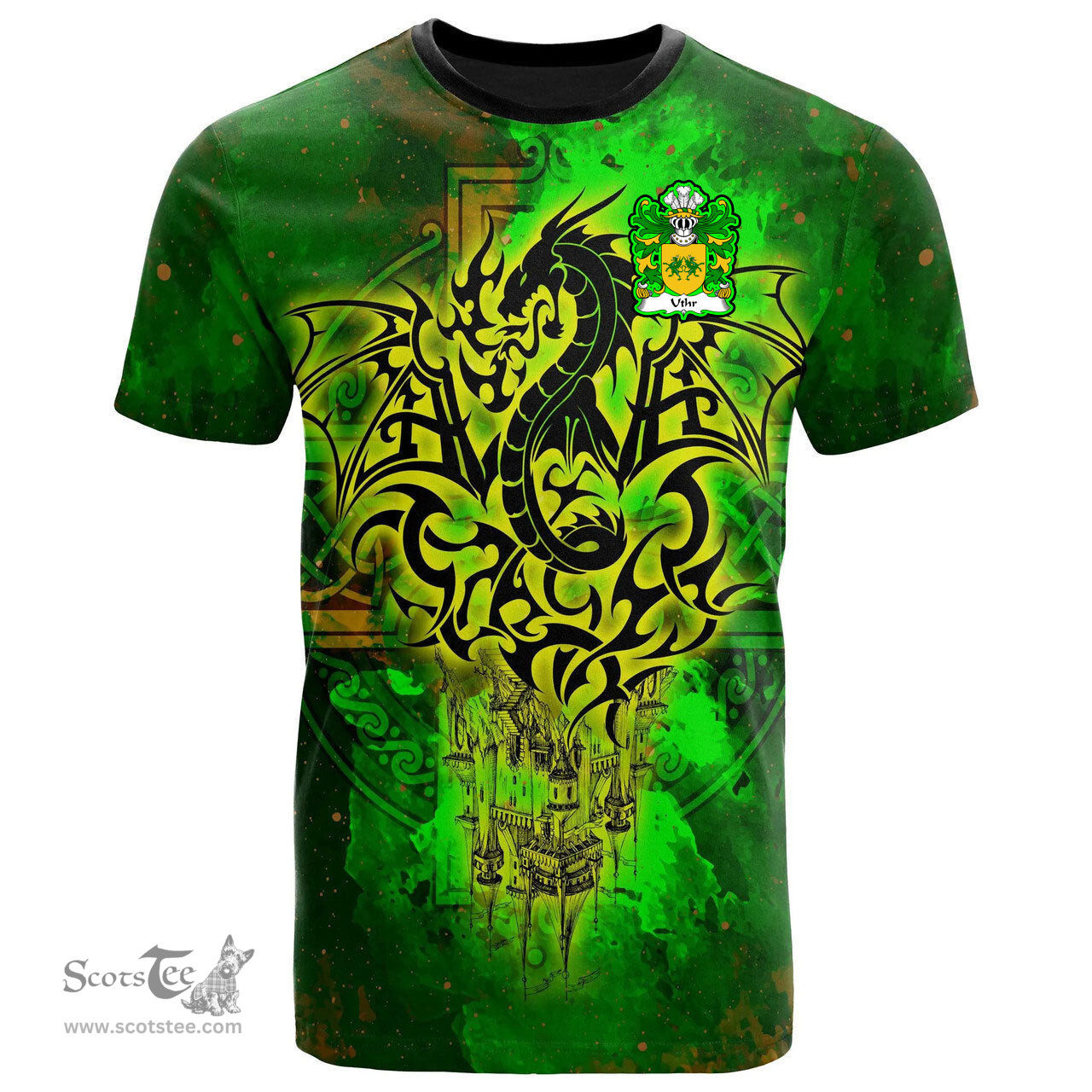 ScotsTee Shop Welsh Uthr PENDRAGON Father of King Arhtur Coat of Arms Family Crest Wales T Shirt Celtic Dragon Castle Pattern T Shirt