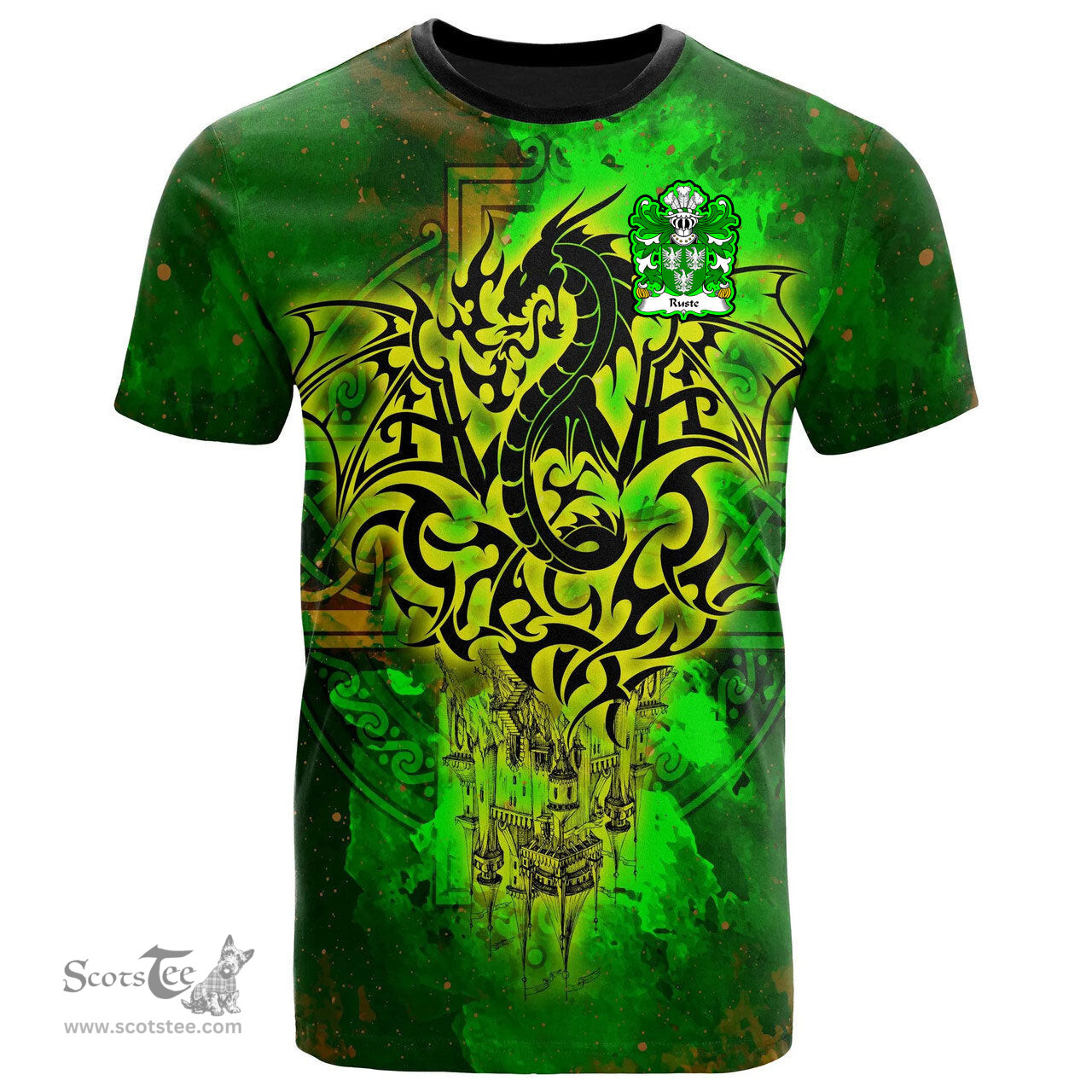 ScotsTee Shop Welsh Ruste of Abergwili Carmarthenshire Coat of Arms Family Crest Wales T Shirt Celtic Dragon Castle Pattern T Shirt