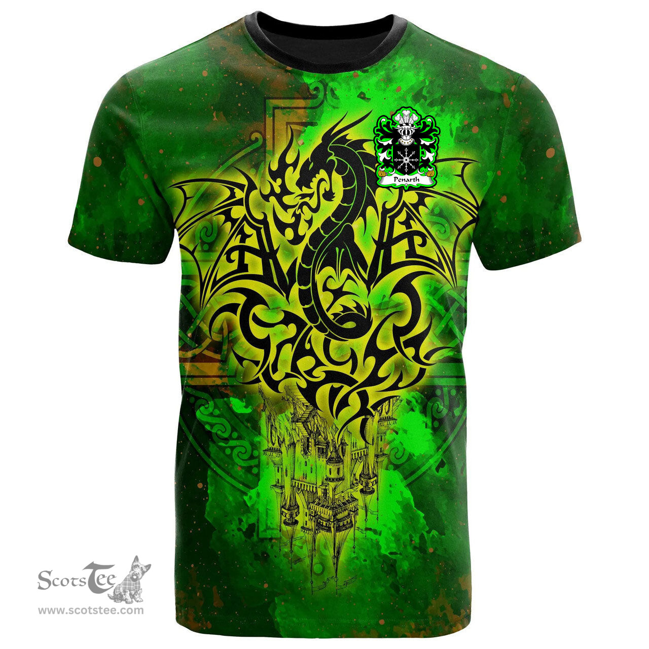 ScotsTee Shop Welsh Penarth of Cardiff Coat of Arms Family Crest Wales T Shirt Celtic Dragon Castle Pattern T Shirt
