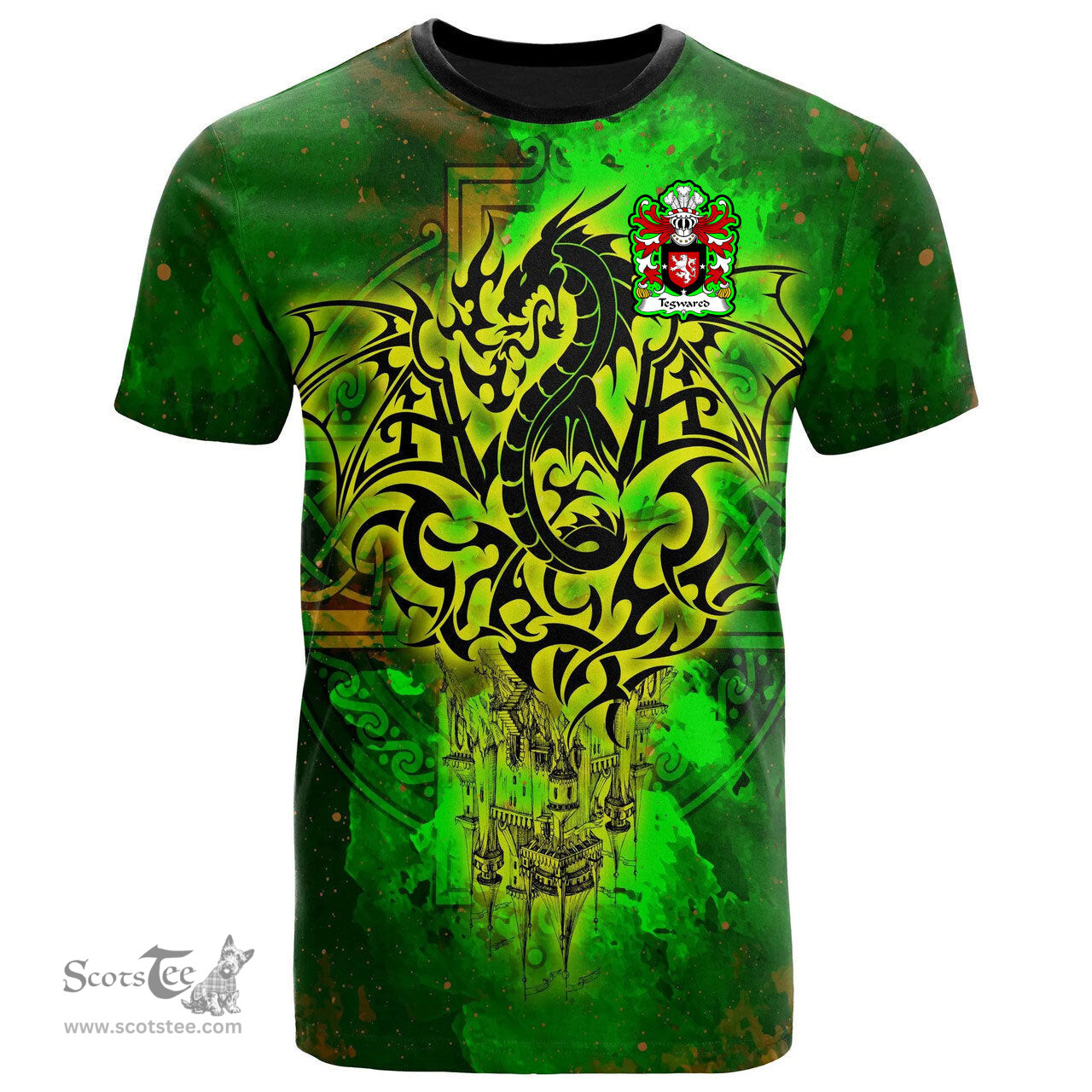 ScotsTee Shop Welsh Tegwared Y BAISWEN Coat of Arms Family Crest Wales T Shirt Celtic Dragon Castle Pattern T Shirt