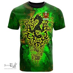 ScotsTee Shop Welsh Waterton of Herefordshire Coat of Arms Family Crest Wales T Shirt Celtic Dragon Castle Pattern T Shirt
