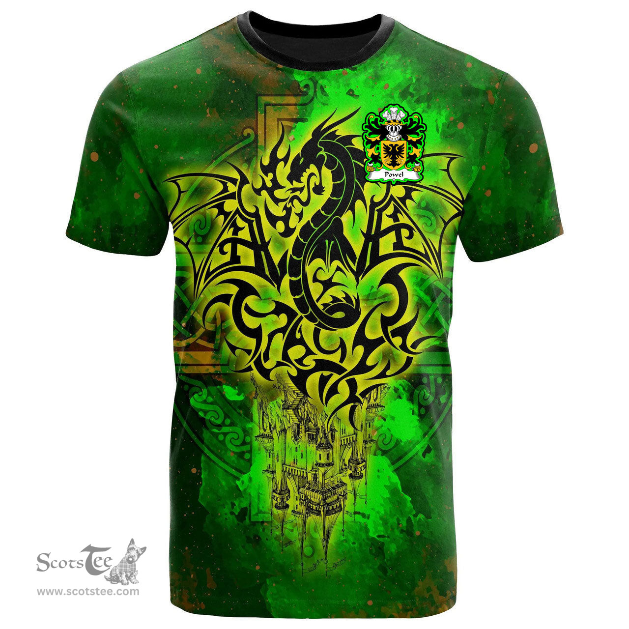 ScotsTee Shop Welsh Powel of Llandow Glamorganshire Coat of Arms Family Crest Wales T Shirt Celtic Dragon Castle Pattern T Shirt
