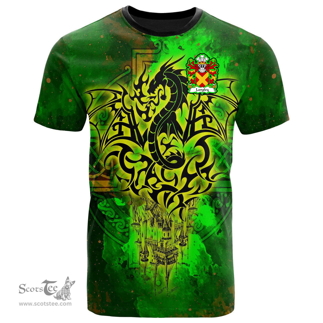 ScotsTee Shop Welsh Langley Coat of Arms Family Crest Wales T Shirt Celtic Dragon Castle Pattern T Shirt