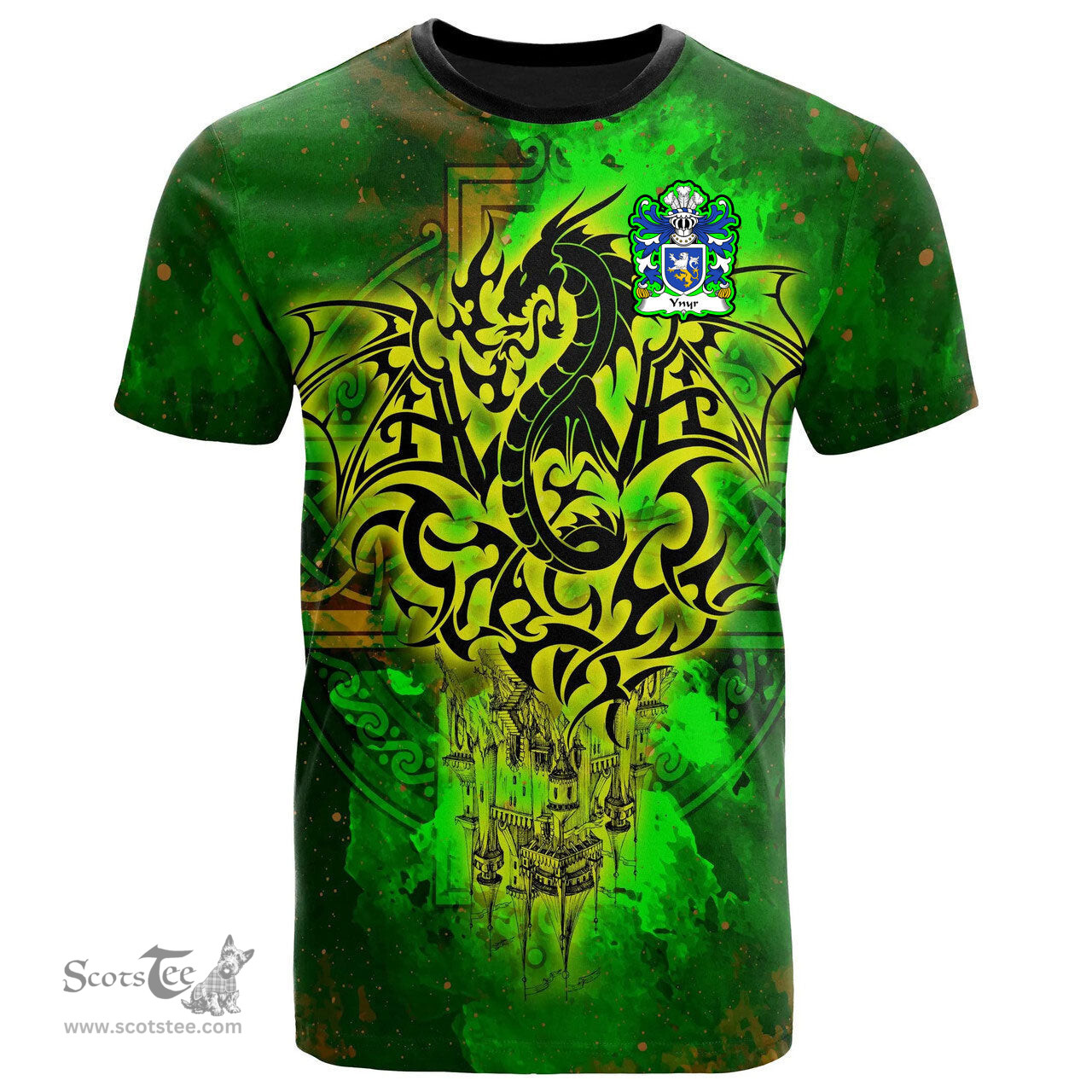 ScotsTee Shop Welsh Ynyr AP CADFARCH Coat of Arms Family Crest Wales T Shirt Celtic Dragon Castle Pattern T Shirt