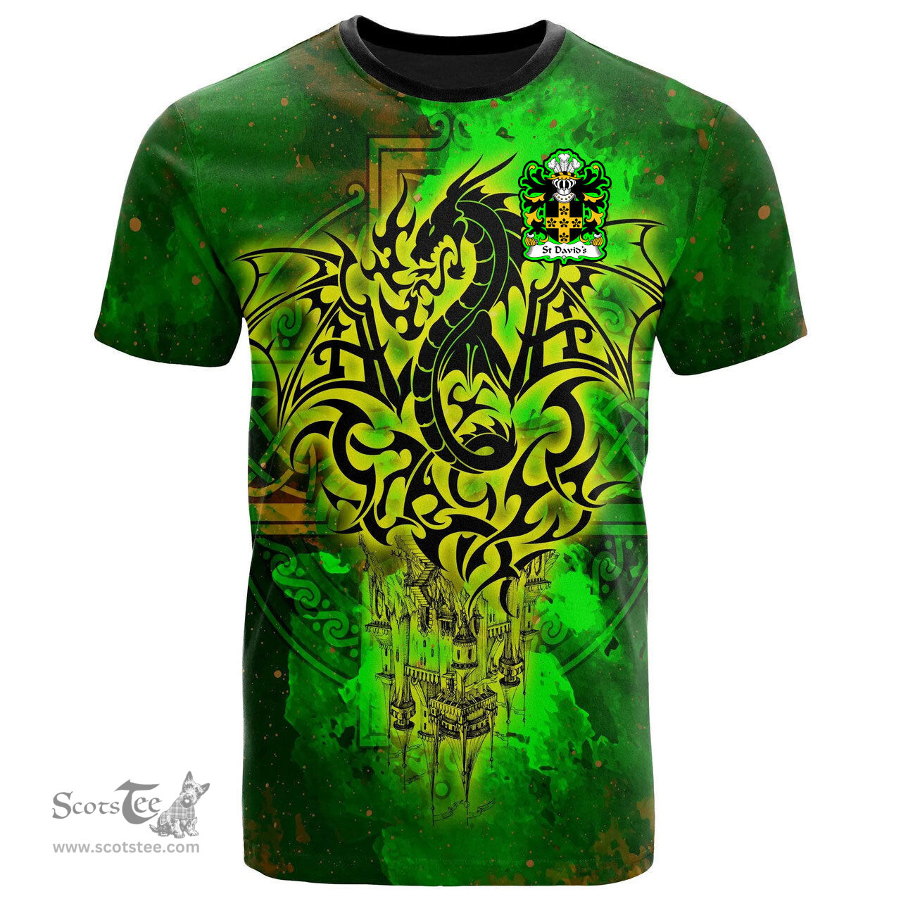 ScotsTee Shop Welsh St Davids Diocese of Coat of Arms Family Crest Wales T Shirt Celtic Dragon Castle Pattern T Shirt