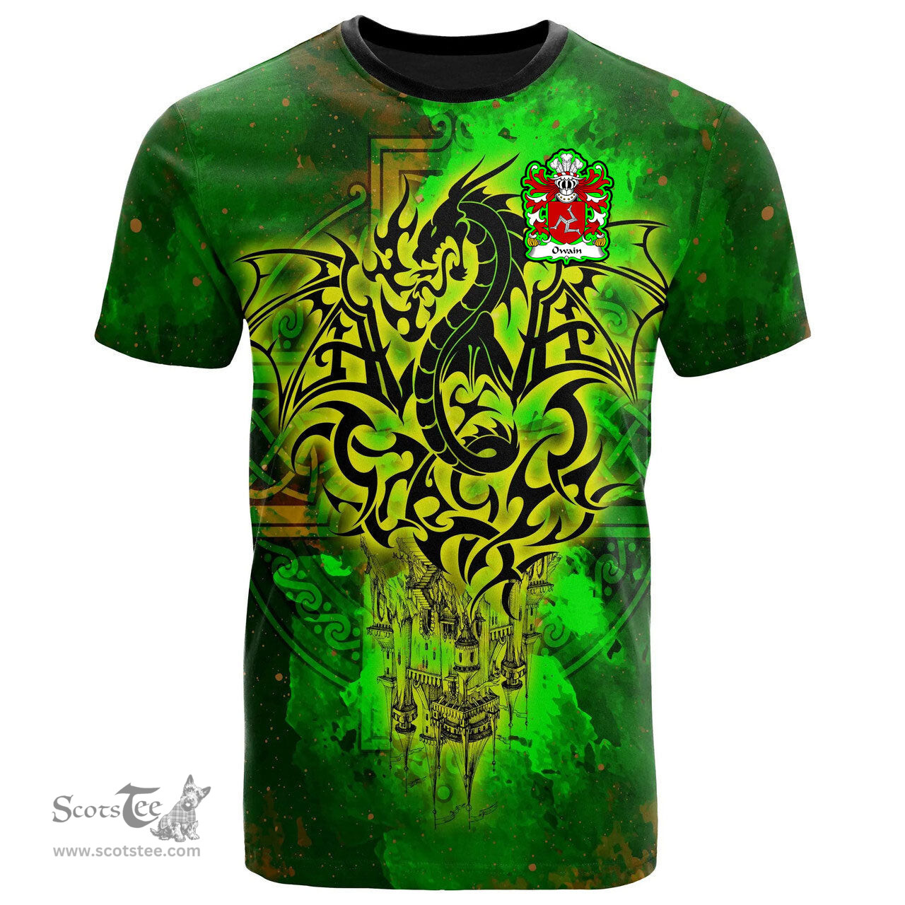 ScotsTee Shop Welsh Owain AP EDWIN or Owen Coat of Arms Family Crest Wales T Shirt Celtic Dragon Castle Pattern T Shirt