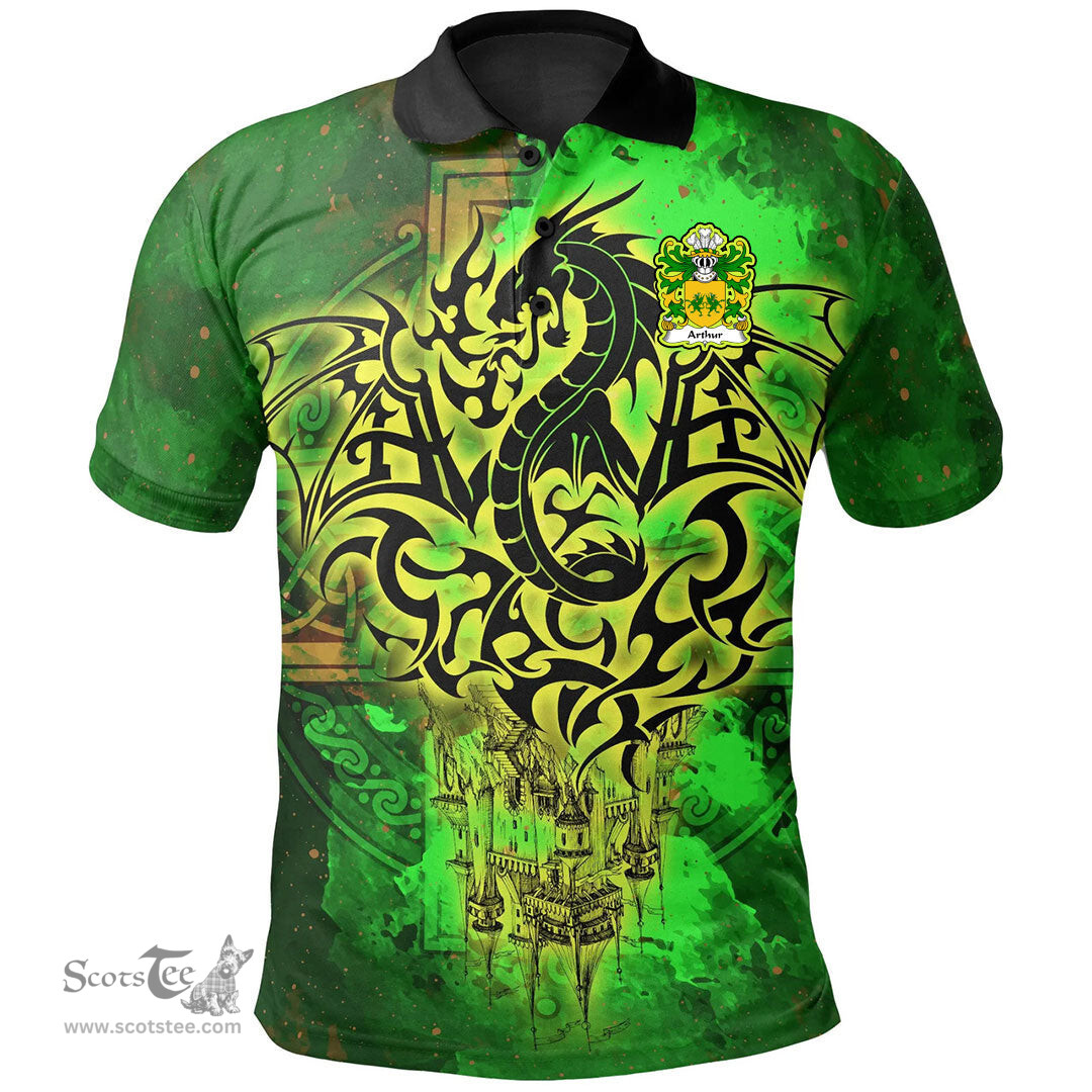 ScotsTee Shop Welsh Arthur I ab uthr pendragon King Arthur Coat of Arms Family Crest Wales Polo Shirt Celtic Dragon Castle Pattern Polo Shirt