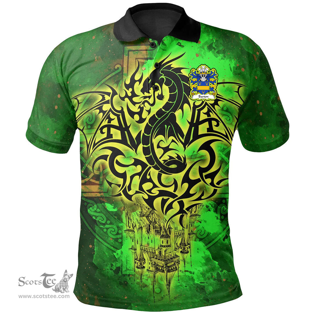 ScotsTee Shop Welsh Barton Coat of Arms Family Crest Wales Polo Shirt Celtic Dragon Castle Pattern Polo Shirt