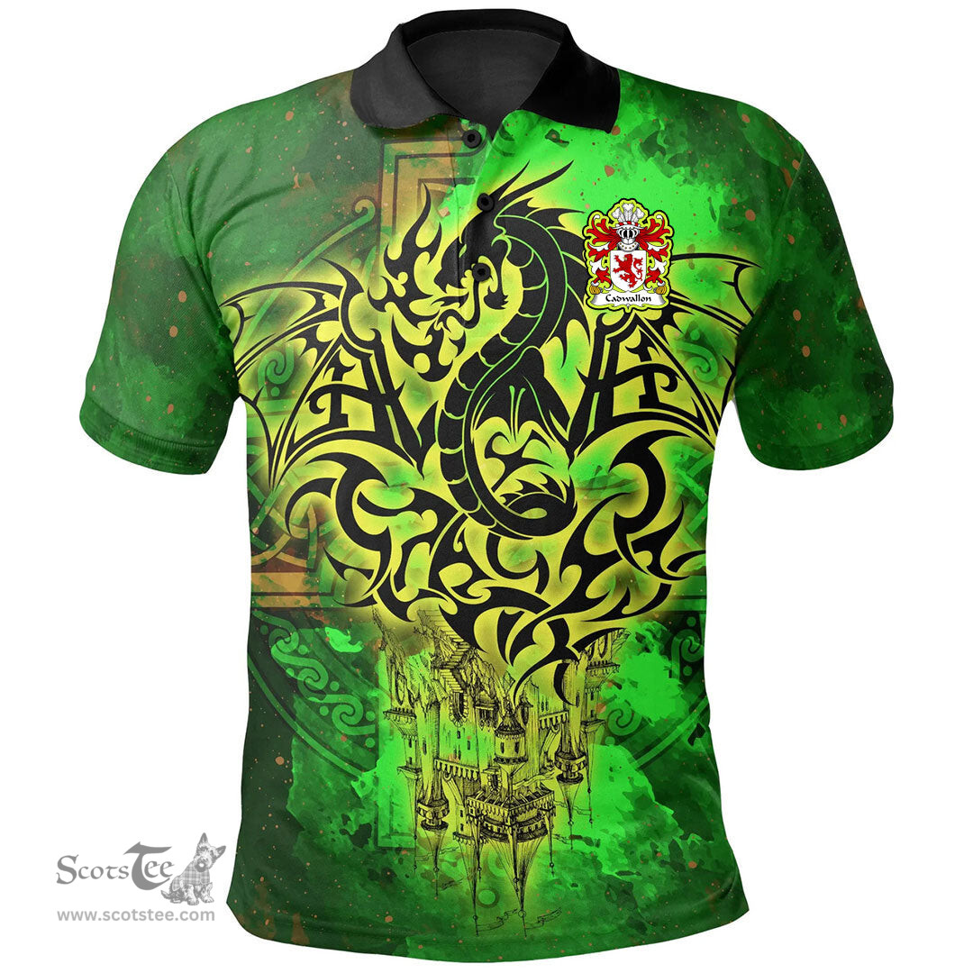 ScotsTee Shop Welsh Cadwallon AP MADOG Coat of Arms Family Crest Wales Polo Shirt Celtic Dragon Castle Pattern Polo Shirt