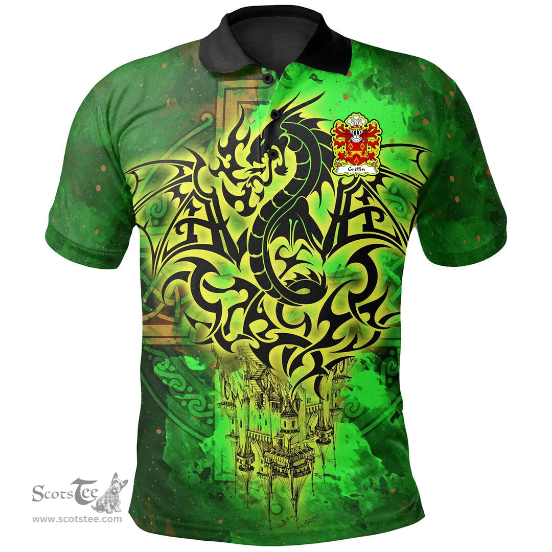 ScotsTee Shop Welsh Griffin of Penrith anglicized form of Gruffudd Coat of Arms Family Crest Wales Polo Shirt Celtic Dragon Castle Pattern Polo Shirt