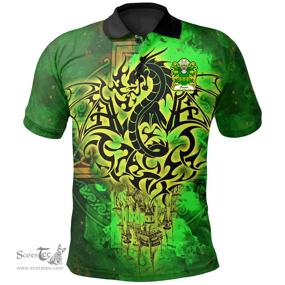 ScotsTee Shop Welsh Owain GWYNEDD Coat of Arms Family Crest Wales Polo Shirt Celtic Dragon Castle Pattern Polo Shirt