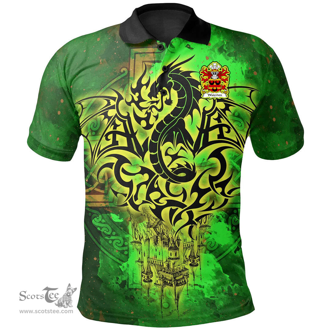 ScotsTee Shop Welsh Waterton of Herefordshire Coat of Arms Family Crest Wales Polo Shirt Celtic Dragon Castle Pattern Polo Shirt