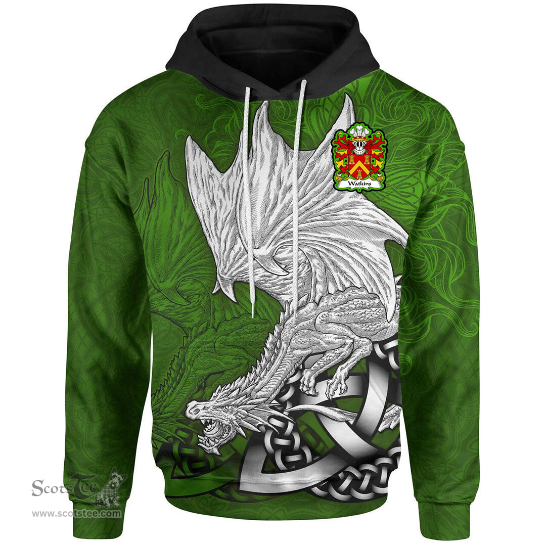 ScotsTee Shop Welsh Watkins of Pembrokeshire Coat of Arms Family Crest Wales Hoodie Celtic Green Dragon Hoodie