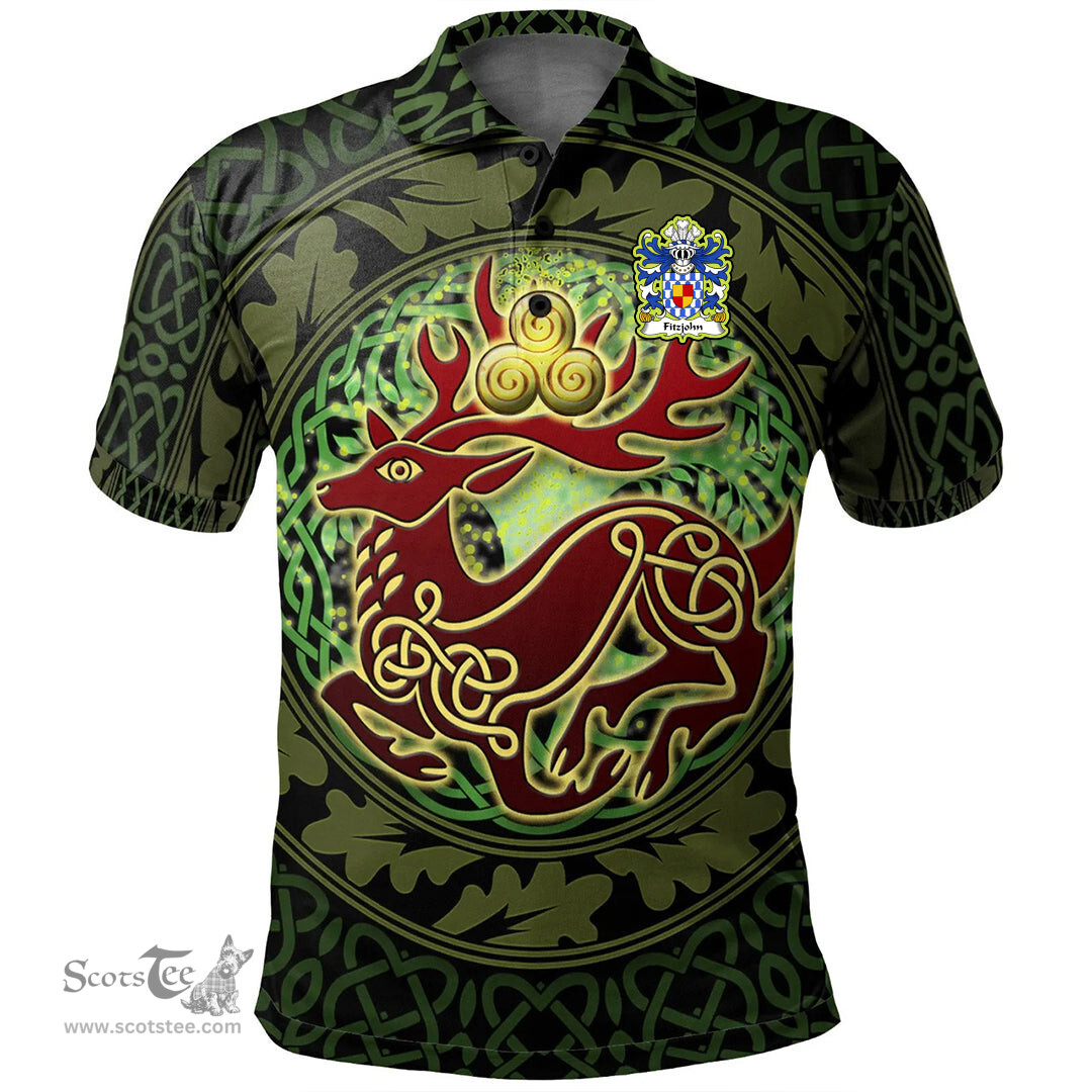 ScotsTee Shop Welsh Fitzjohn Coat of Arms Family Crest Wales Polo Shirt Celtic Deer with Tree of Life The God of the Forest Polo Shirt