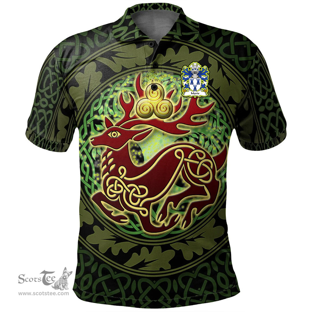 ScotsTee Shop Welsh Moris of Caswilia Brawdy Pembrokeshire Coat of Arms Family Crest Wales Polo Shirt Celtic Deer with Tree of Life The God of the Forest Polo Shirt