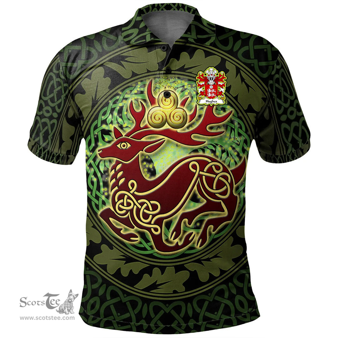 ScotsTee Shop Welsh Hughes Huys of Llewerllyd Diserth Flint Coat of Arms Family Crest Wales Polo Shirt Celtic Deer with Tree of Life The God of the Forest Polo Shirt