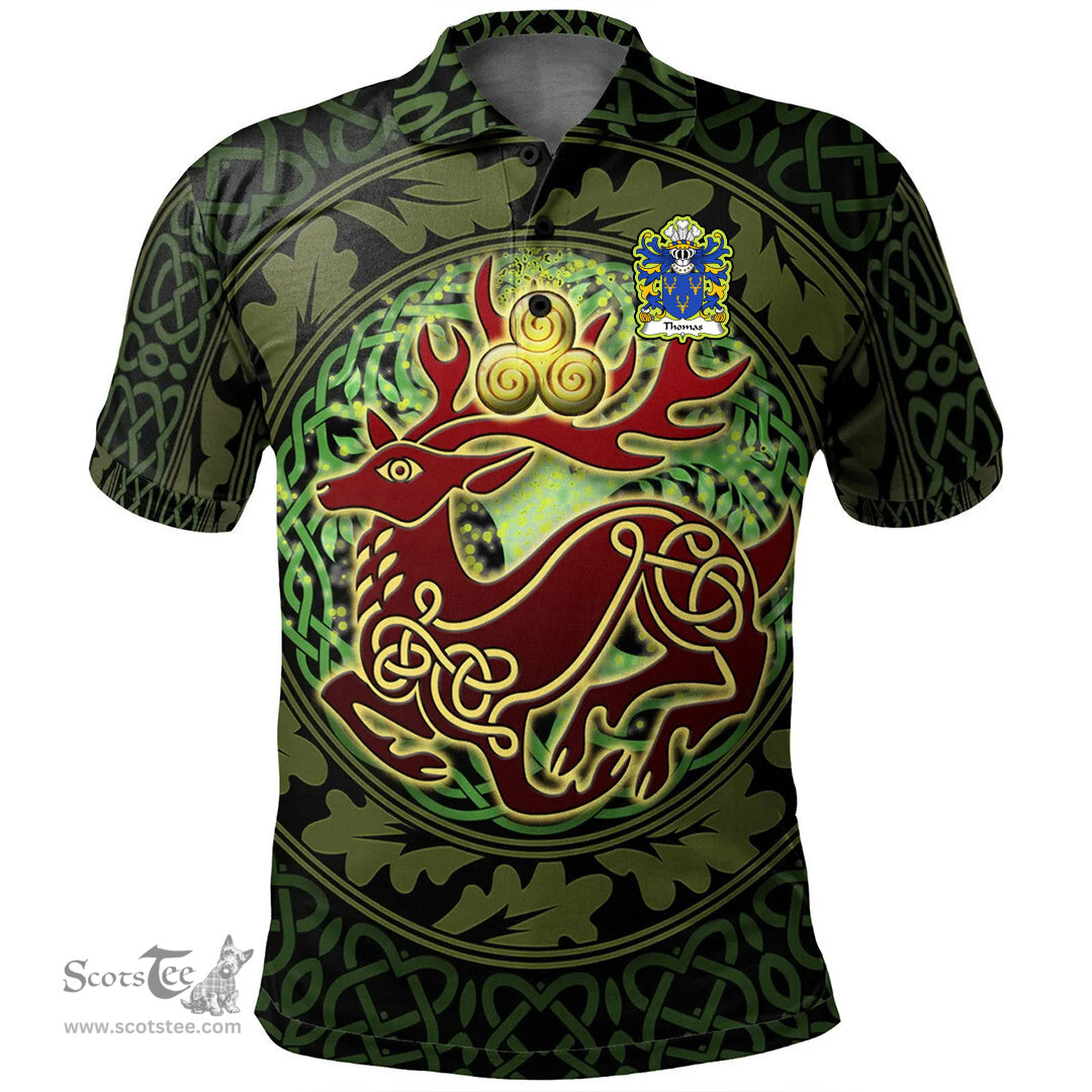 ScotsTee Shop Welsh Thomas AP DAFYDD AP GRUFFUDD Coat of Arms Family Crest Wales Polo Shirt Celtic Deer with Tree of Life The God of the Forest Polo Shirt