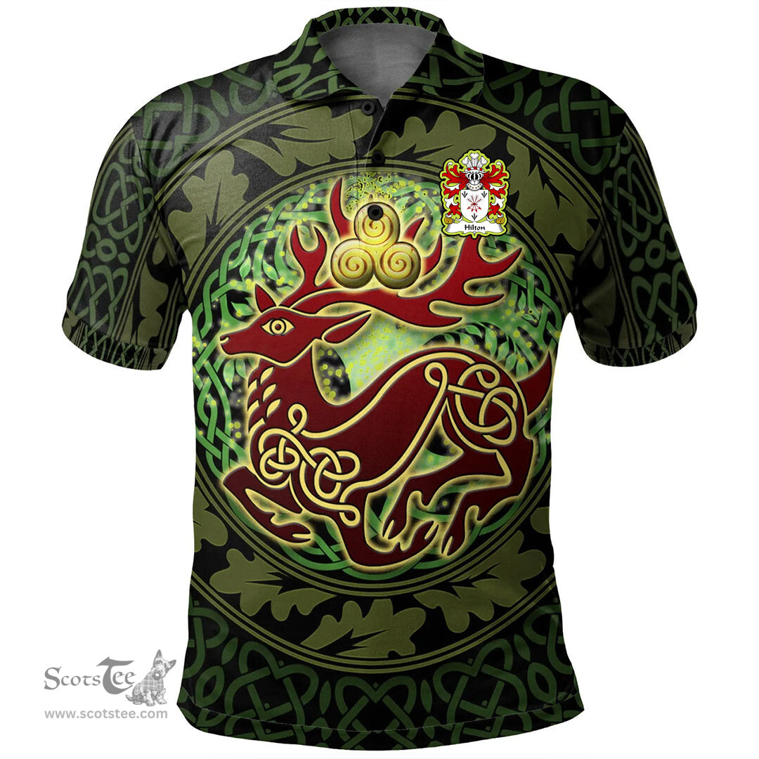 ScotsTee Shop Welsh Hilton of Denbighshire Coat of Arms Family Crest Wales Polo Shirt Celtic Deer with Tree of Life The God of the Forest Polo Shirt