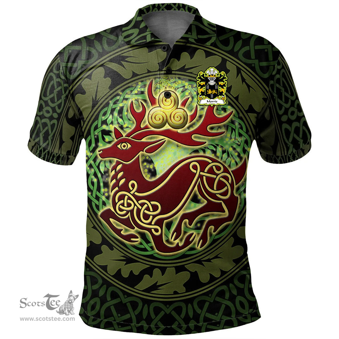 ScotsTee Shop Welsh Morris of Cardiganshire Coat of Arms Family Crest Wales Polo Shirt Celtic Deer with Tree of Life The God of the Forest Polo Shirt