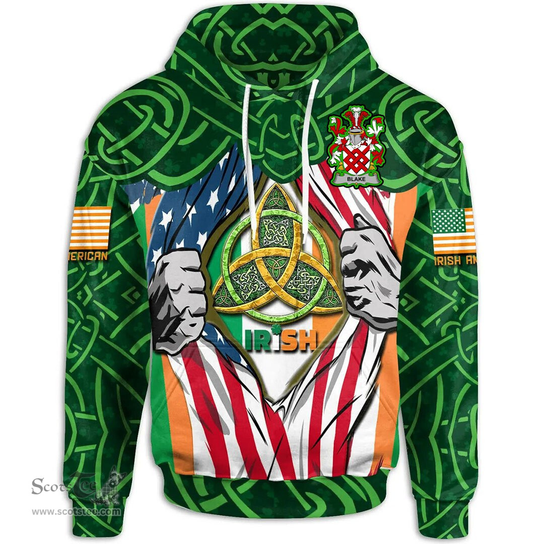 ScotsTee Shop Irish Blake Family Crest Irish American Flag Hoodie Irish Roots Hoodie