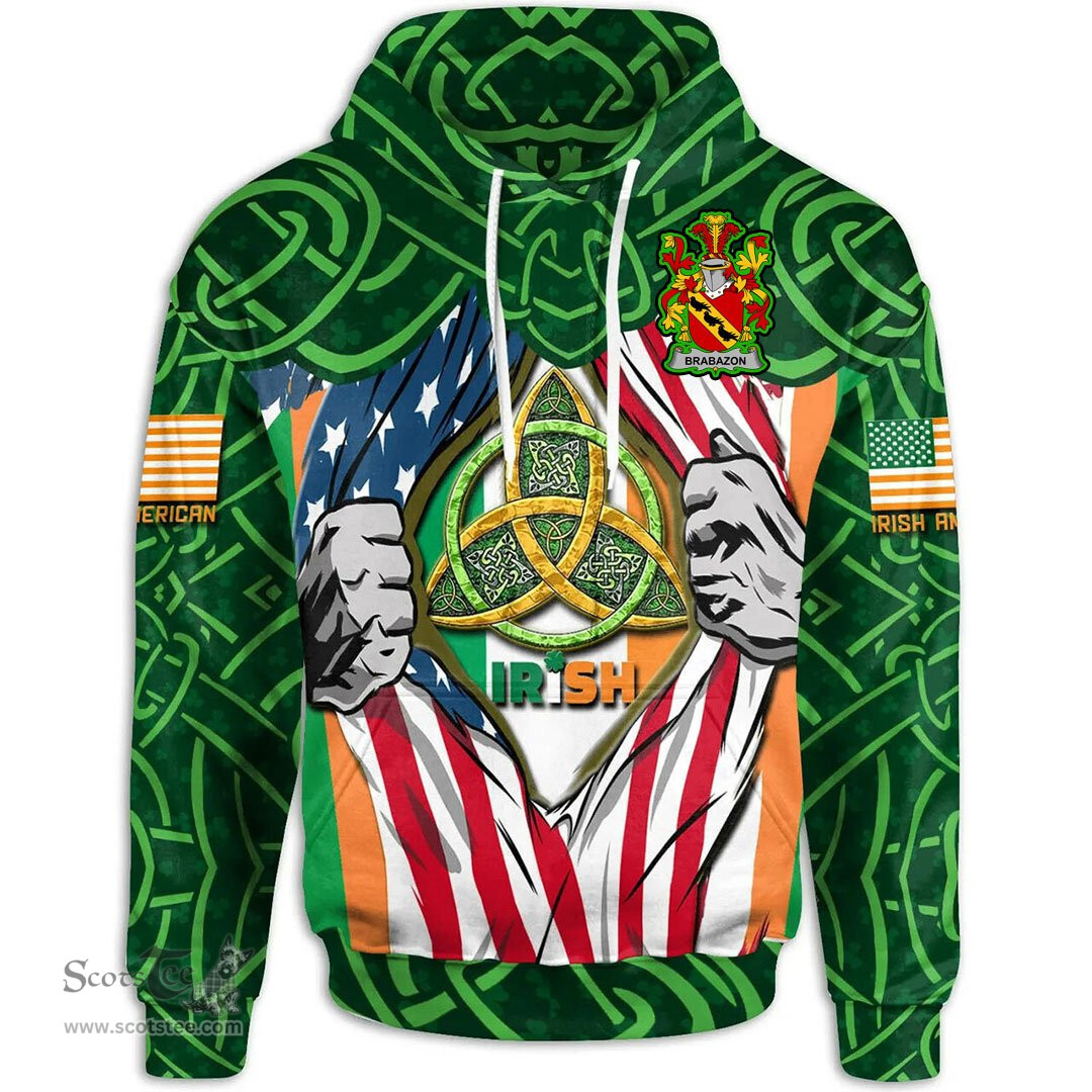ScotsTee Shop Irish Brabazon Family Crest Irish American Flag Hoodie Irish Roots Hoodie