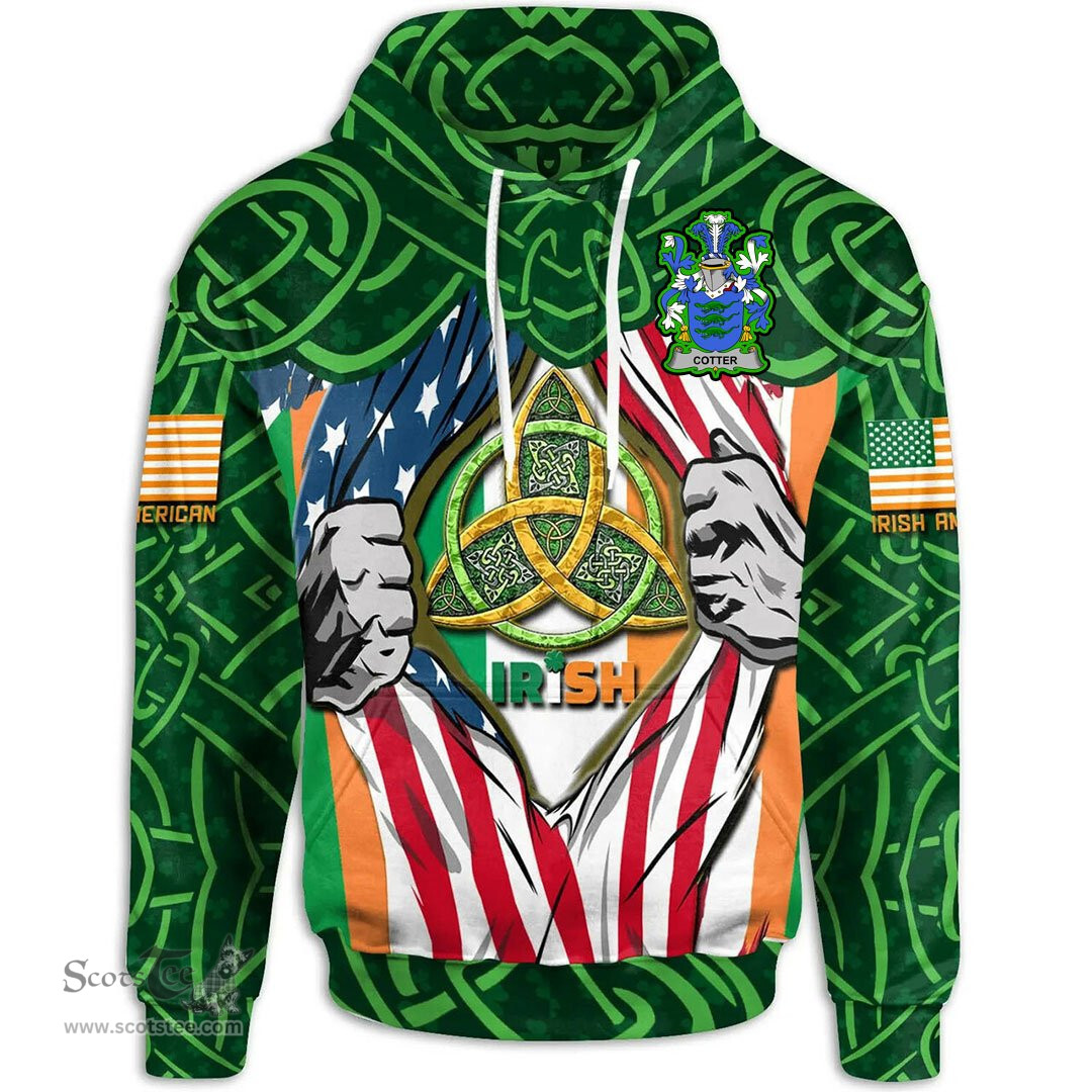 ScotsTee Shop Irish Cotter or MacCotter Family Crest Irish American Flag Hoodie Irish Roots Hoodie