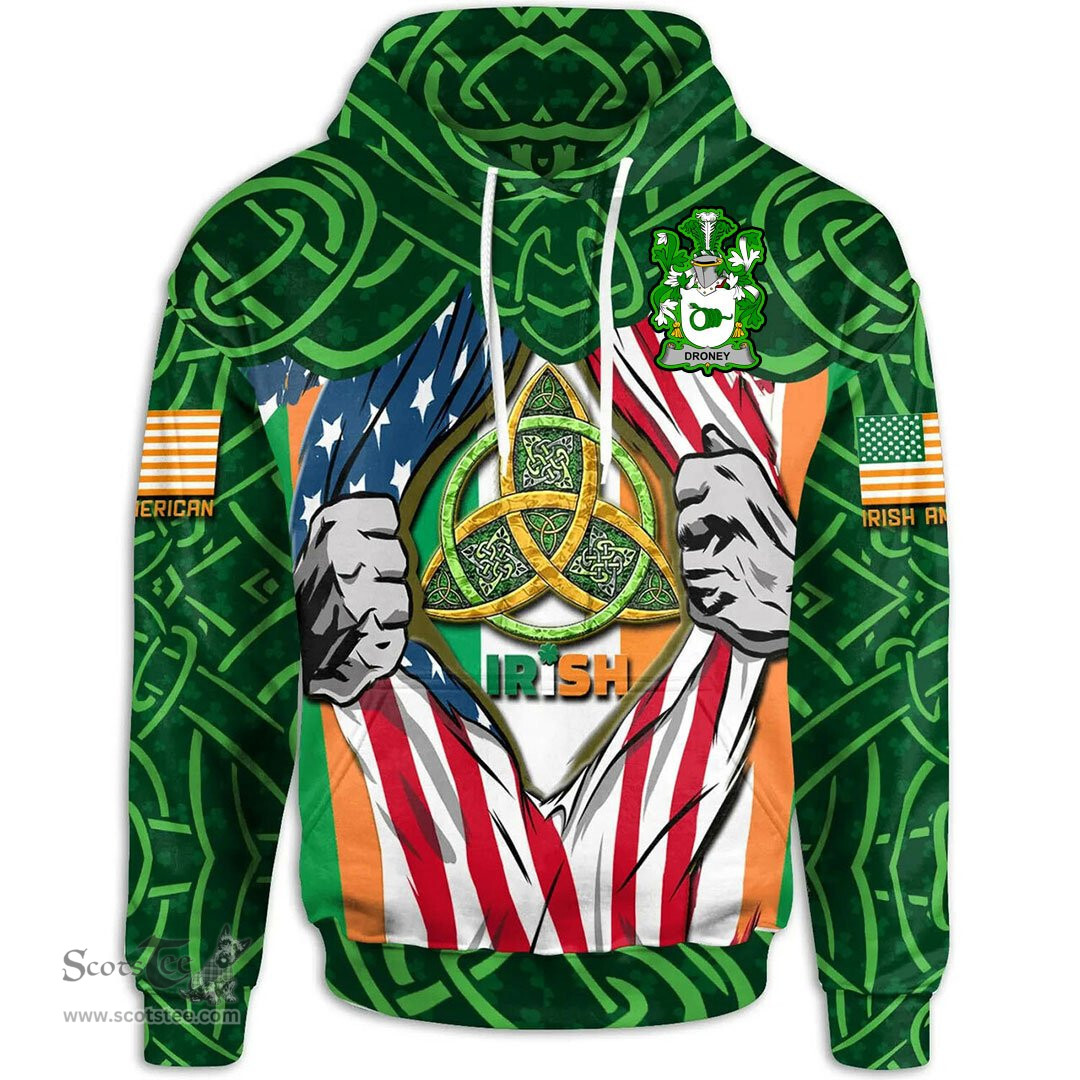 ScotsTee Shop Irish Droney or O'Droney Family Crest Irish American Flag Hoodie Irish Roots Hoodie