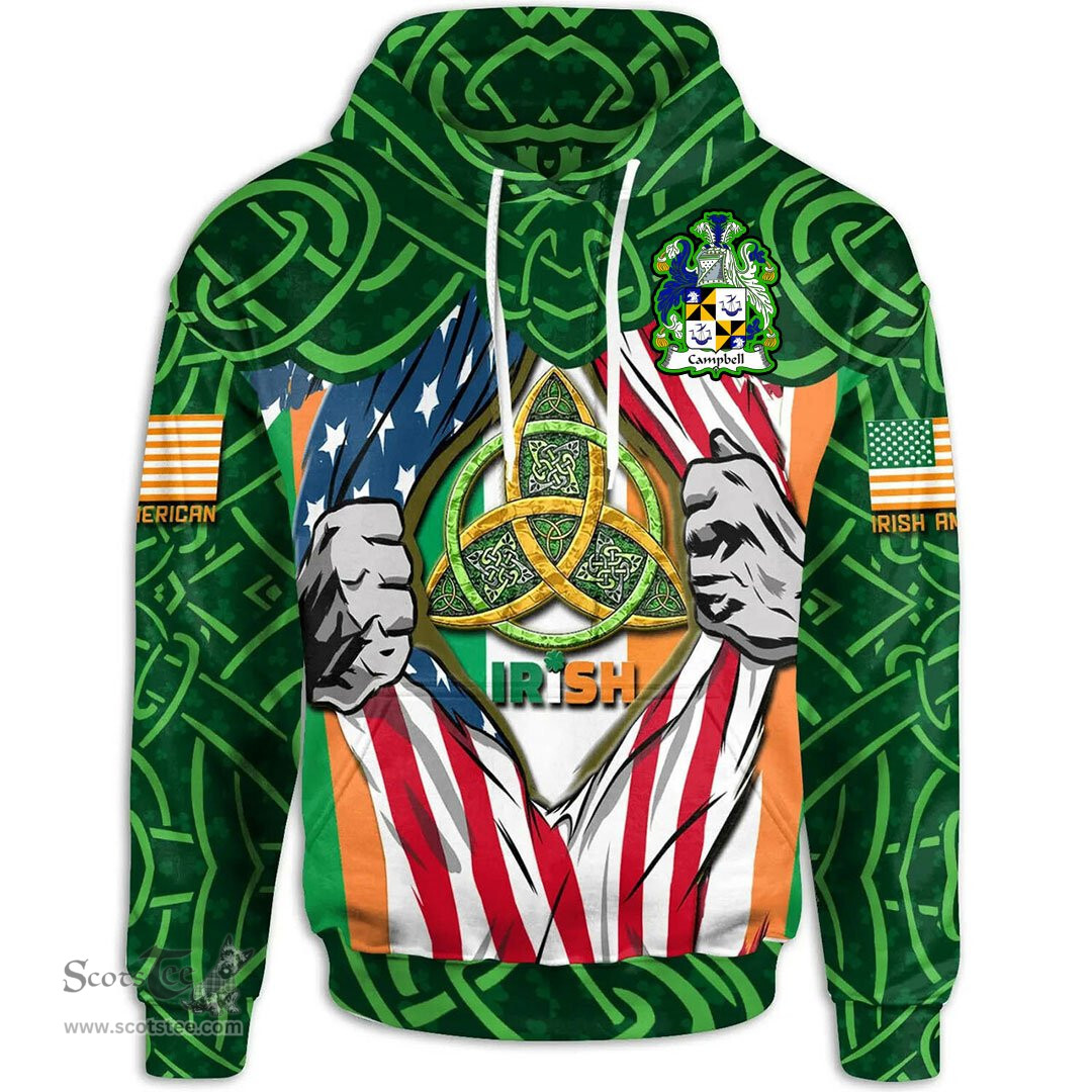 ScotsTee Shop Irish Campbell Family Crest Irish American Flag Hoodie Irish Roots Hoodie