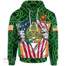ScotsTee Shop Irish Harold or Harrell Family Crest Irish American Flag Hoodie Irish Roots Hoodie