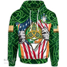 ScotsTee Shop Irish Hanna or O'Hanna Family Crest Irish American Flag Hoodie Irish Roots Hoodie