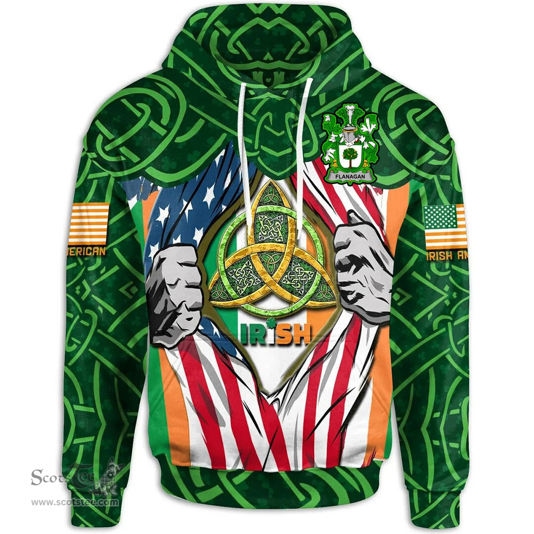 ScotsTee Shop Irish Flanagan or O'Flanagan Family Crest Irish American Flag Hoodie Irish Roots Hoodie