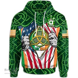 ScotsTee Shop Irish Finnerty or O'Finaghty Family Crest Irish American Flag Hoodie Irish Roots Hoodie