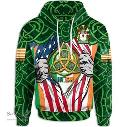 ScotsTee Shop Irish McGowan or McGouan Family Crest Irish American Flag Hoodie Irish Roots Hoodie