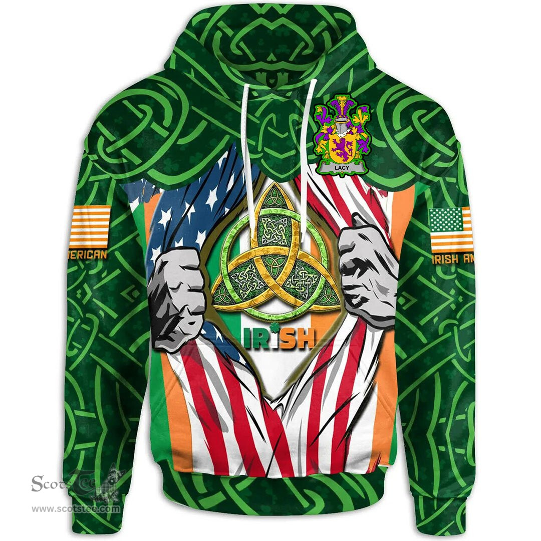 ScotsTee Shop Irish Lacy or De Lacy Family Crest Irish American Flag Hoodie Irish Roots Hoodie