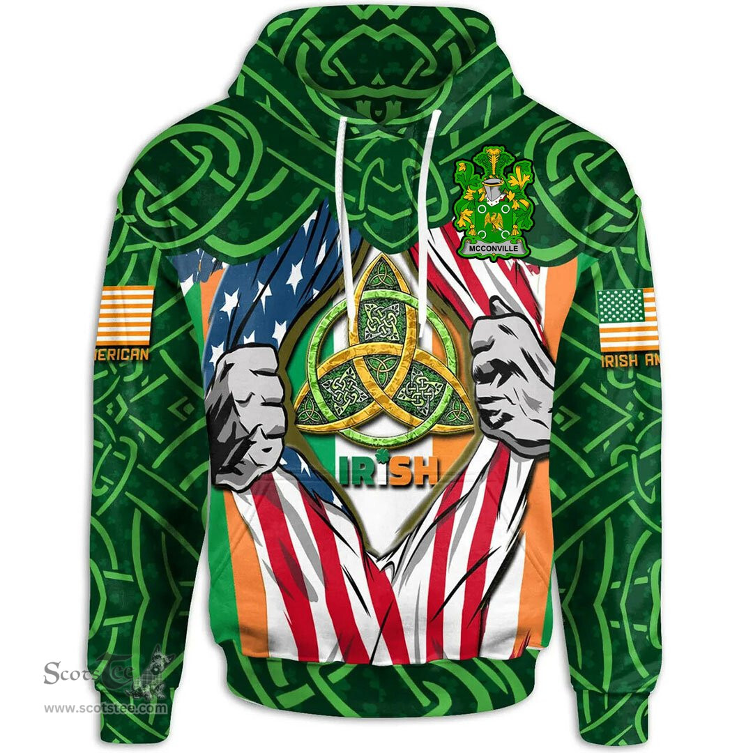 ScotsTee Shop Irish McConville Family Crest Irish American Flag Hoodie Irish Roots Hoodie