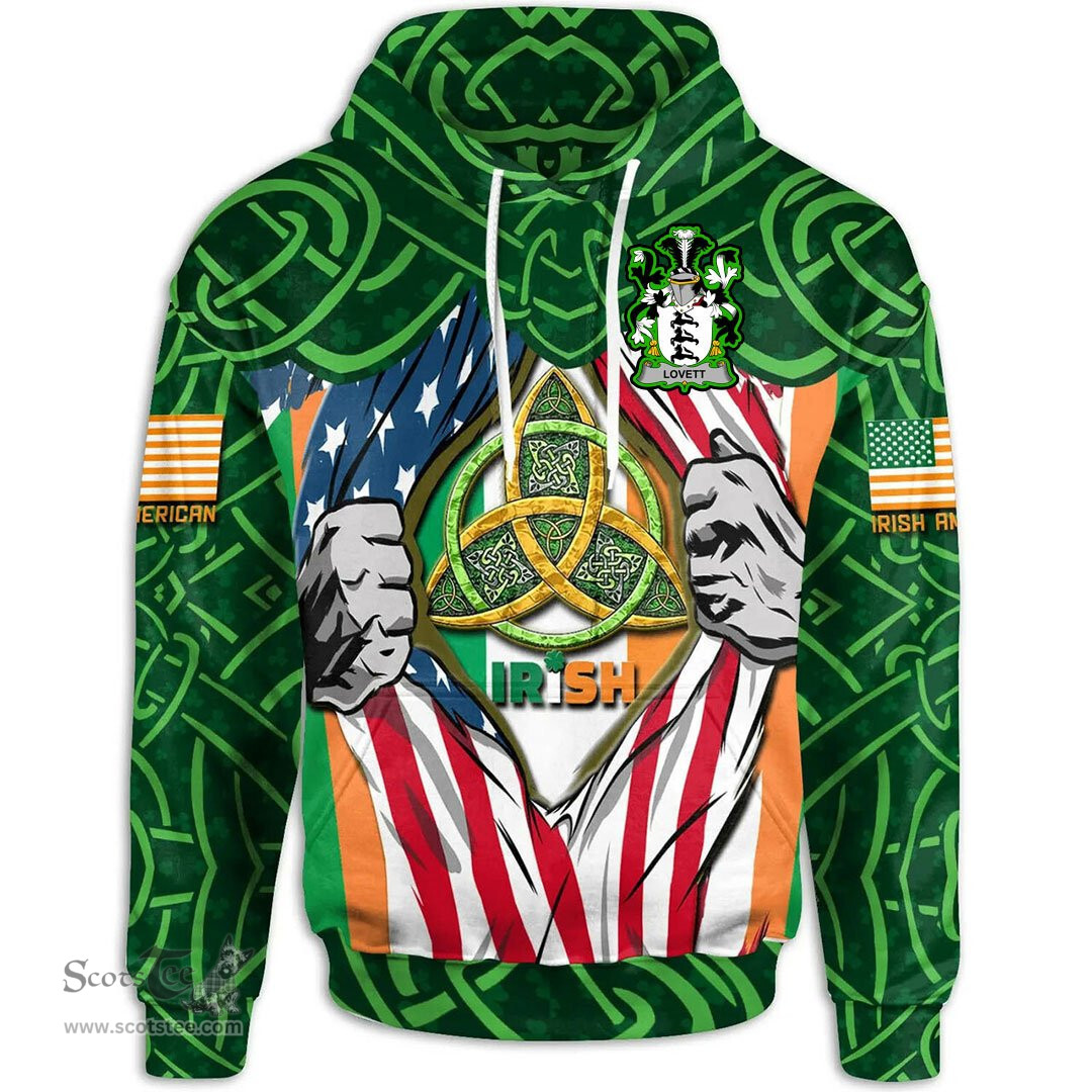 ScotsTee Shop Irish Lovett Family Crest Irish American Flag Hoodie Irish Roots Hoodie