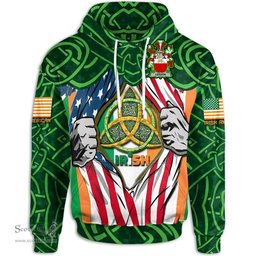 ScotsTee Shop Irish Leeson Family Crest Irish American Flag Hoodie Irish Roots Hoodie