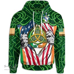 ScotsTee Shop Irish Lowe Family Crest Irish American Flag Hoodie Irish Roots Hoodie