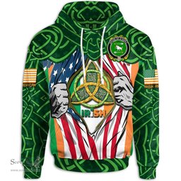 ScotsTee Shop Irish House of O'HANLY Family Crest Irish American Flag Hoodie Irish Roots Hoodie